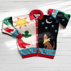 Raphel's‎ vtg coyote cactus desert novelty hand knit cardigan sweater